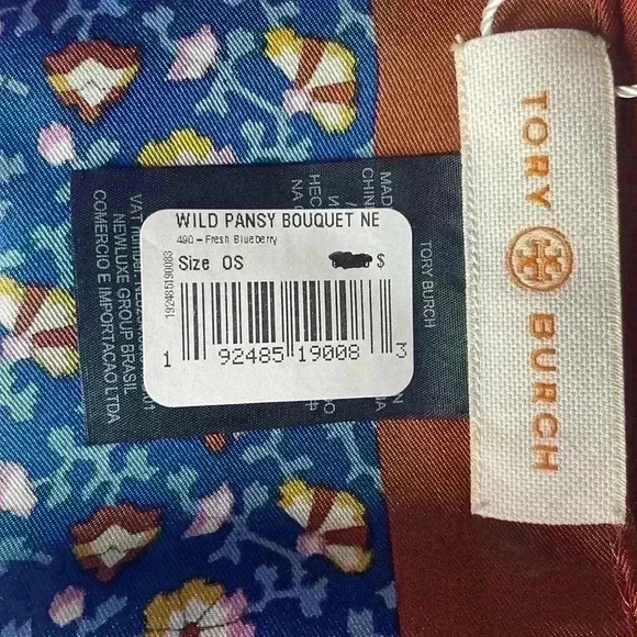 Tory Burch Wild Pansy Bouquet Neckerchief Fresh Blueberry (400) NWT - Picture 5 of 5